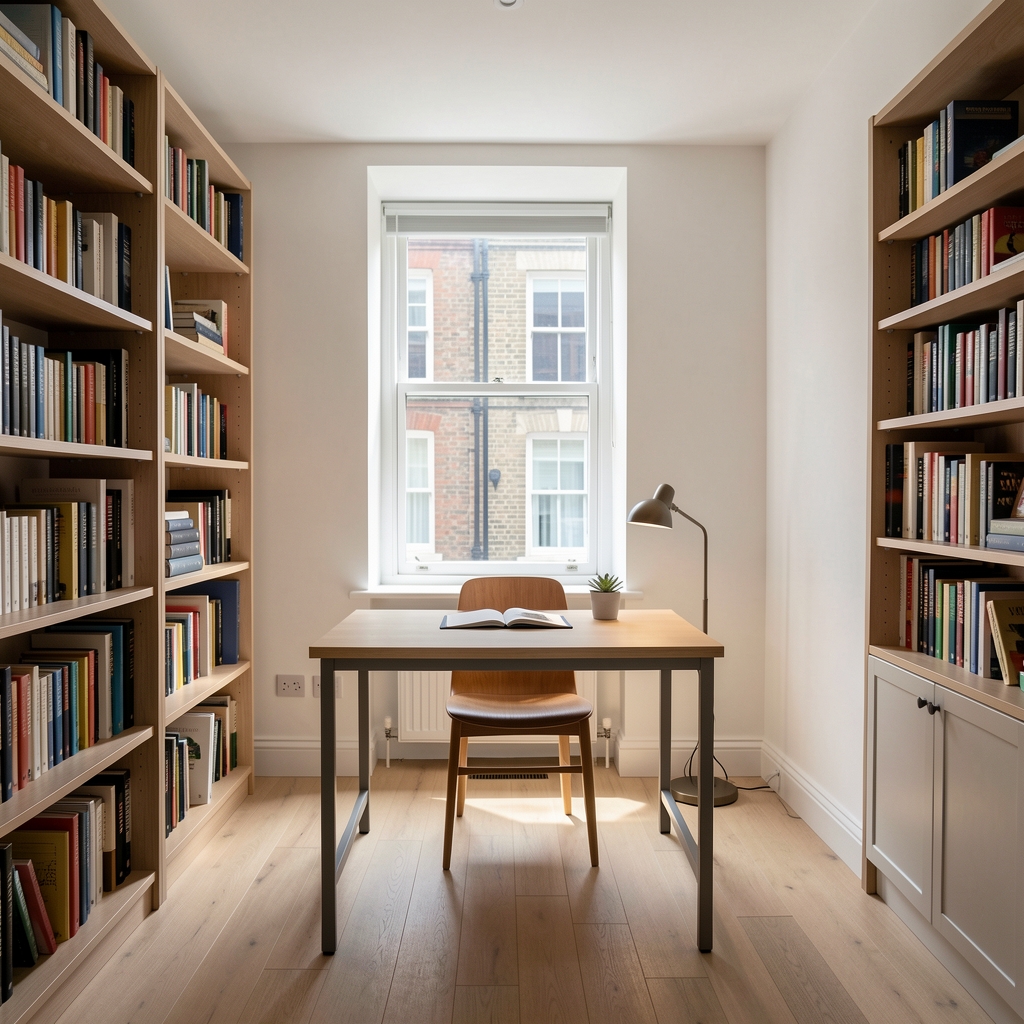 Minimalist study room in a London flat with bookshelves, a writing desk, and natural light, representing the founding environment of Lorfan in 2019