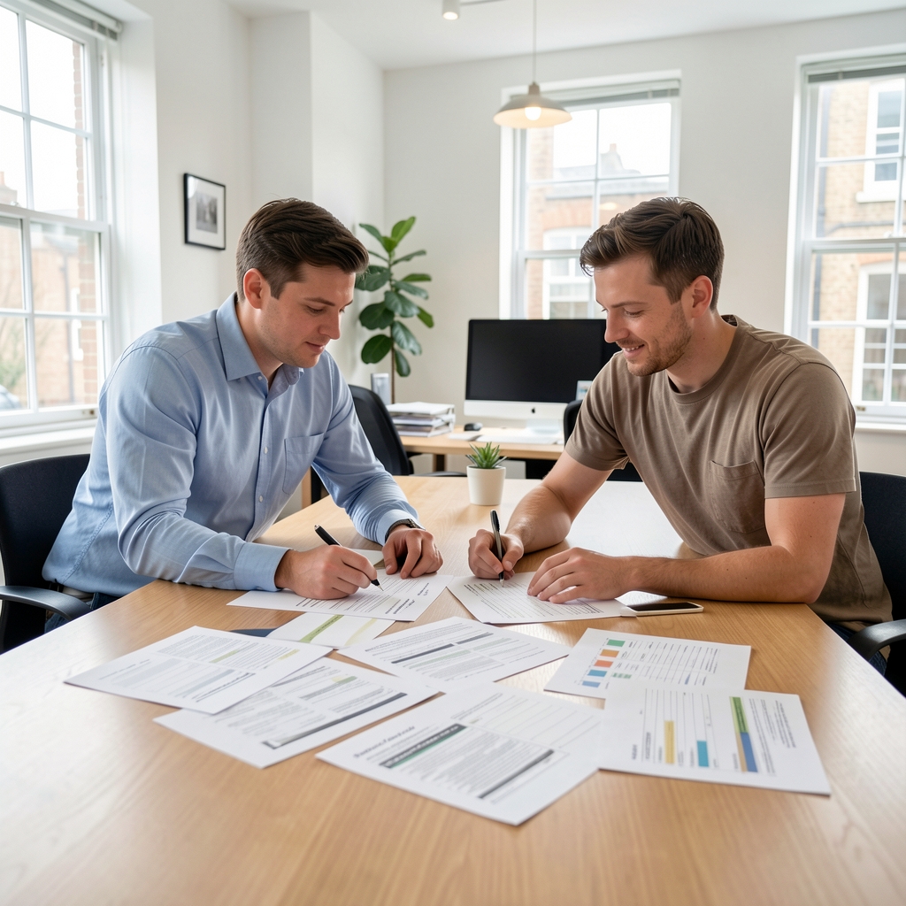 Two colleagues reviewing printed habit-tracking documentation spread across a large table in a clean, well-lit London workspace