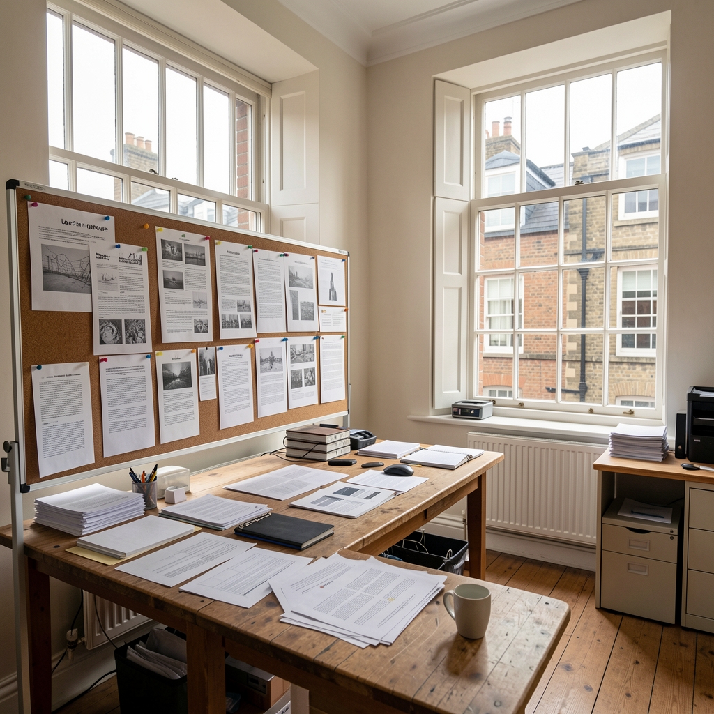 Wide-angle shot of the Lorfan working environment in London, showing documentation boards, printed research materials, and natural light from large sash windows