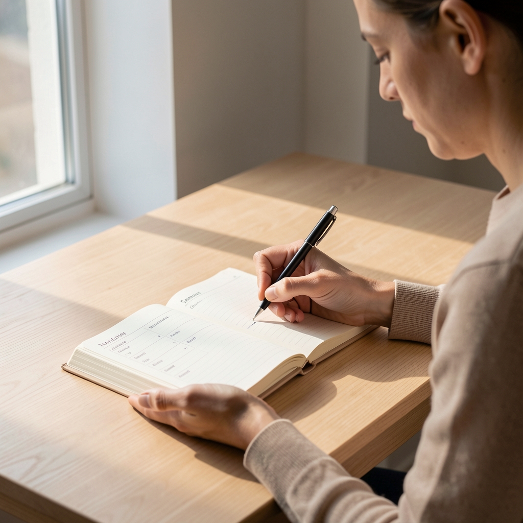 Person writing in a journal at a minimal wooden desk with morning light streaming through a window, habit tracking notebook open