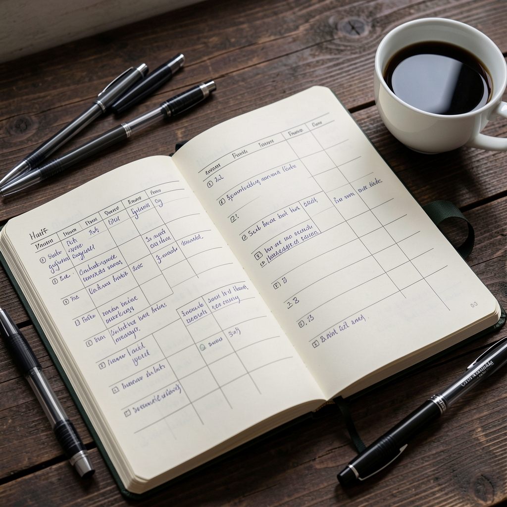 Close-up of an open habit tracker journal with handwritten entries, pens, and a cup of black coffee on a dark wooden surface