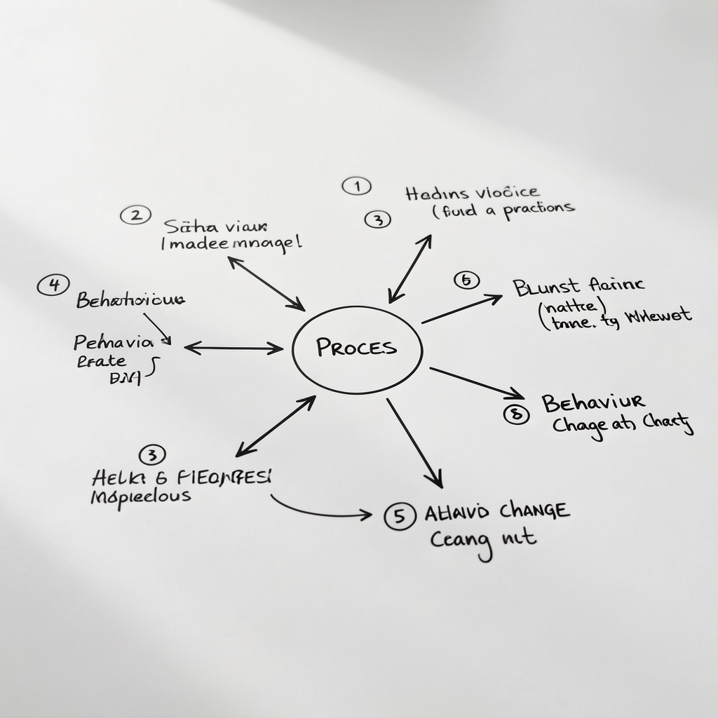Schematic diagram of a behaviour change process spread on a flat white surface, showing numbered stages with connecting arrows and handwritten annotations