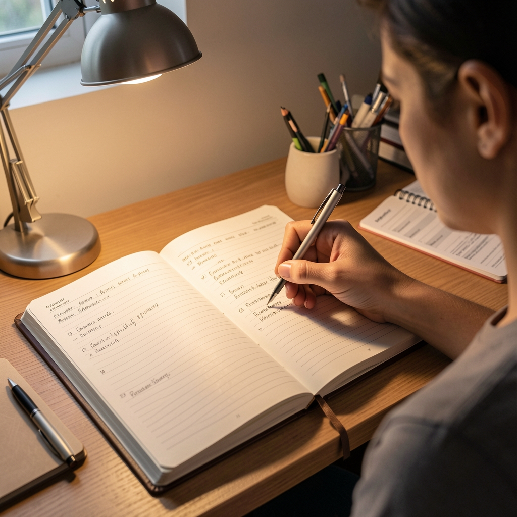Person writing detailed notes in a structured observation journal under warm desk lamp lighting, capturing morning routine entries