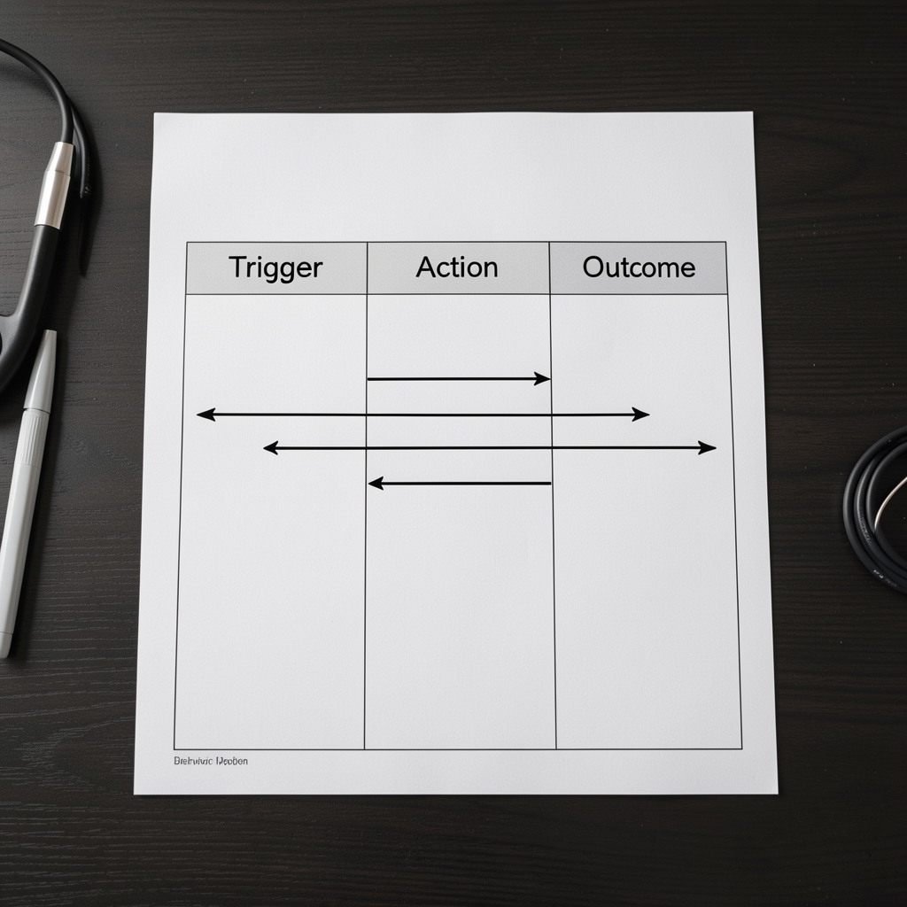Flat-lay of a behaviour mapping worksheet with arrows drawn between trigger, action, and outcome columns on a dark desk surface