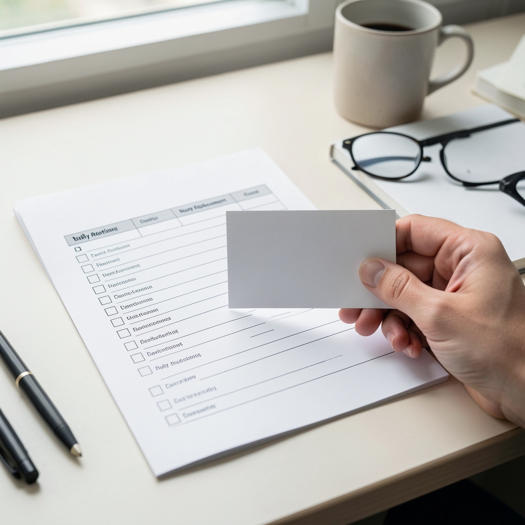 Hand placing a printed habit replacement card next to an existing daily routine checklist on a minimalist desk workspace