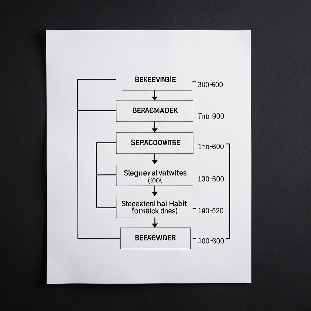 Sequential habit stack chart showing five behaviours linked in order with time stamps, printed on white paper against a dark background