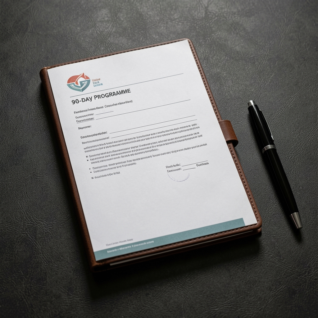 Closed leather folder containing completed 90-day programme documentation placed on a dark textured surface with a pen resting beside it