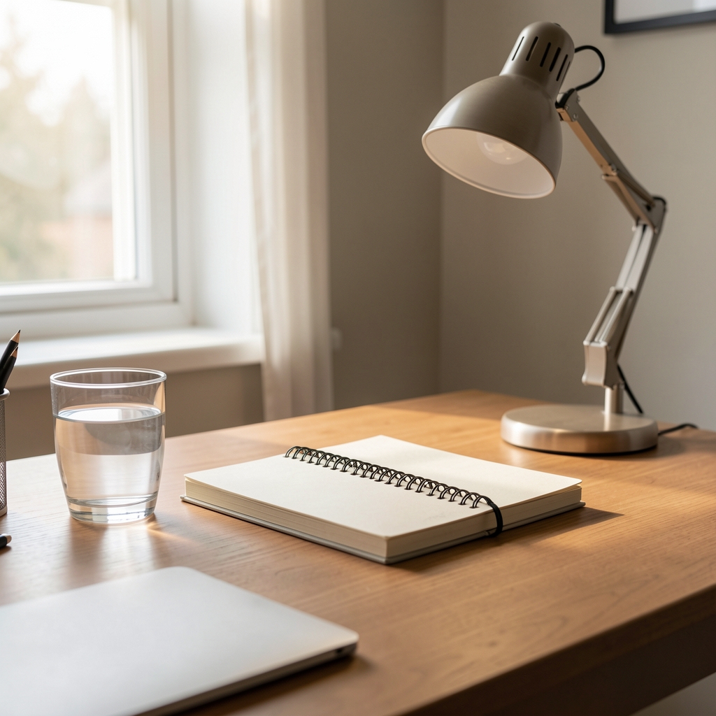 Organised morning desk setup with water glass, journal, and daylight lamp representing a structured morning routine environment