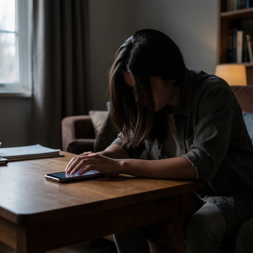 Person sitting in a dimly lit room with phone face-down on a table, representing deliberate screen time reduction and evening wind-down practice