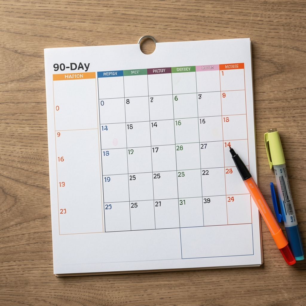 Overhead view of a 90-day habit calendar with coloured marking pen, tracking consistency over perfection across three months